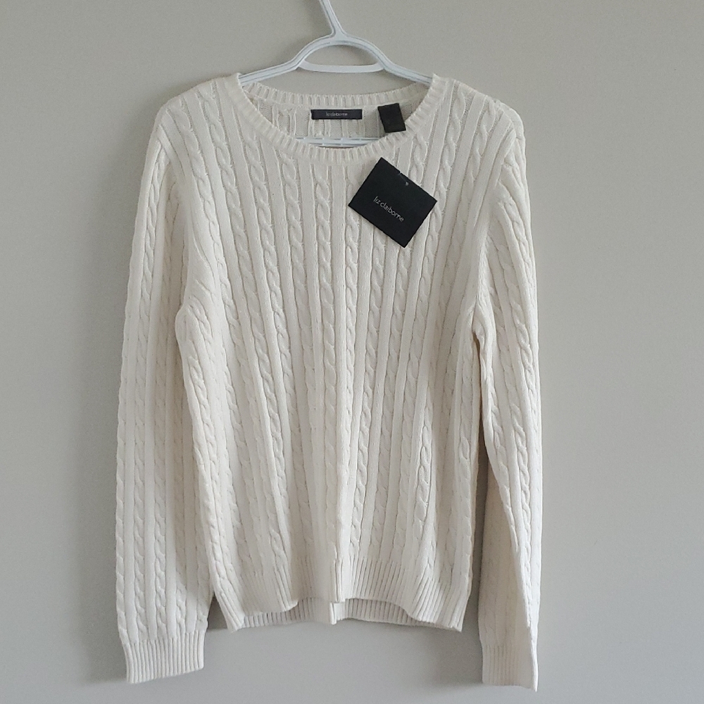 NWT Liz Claiborne Off White Cable Knit Crewneck Cotton Blend Preppy Sweater XL